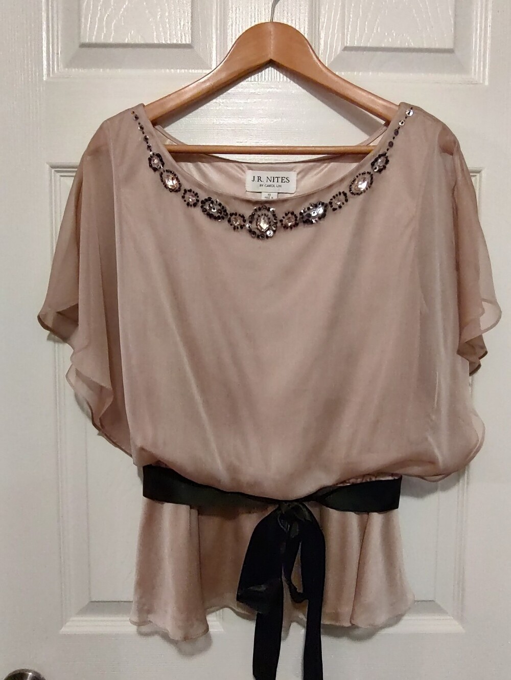 J.R. Nites Champagne Beaded Blouson Tunic with Black Sash